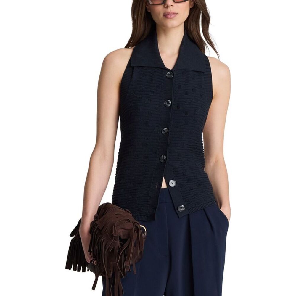 Kenneth Cole Womens Texture Stitch Button Up Halter Top, Navy